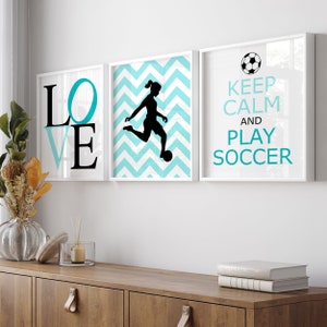 Girls Soccer Decor Girl Soccer Art Bedroom Decor Soccer Wall Art Set of 3 Love, Soccer Player, Keep Calm and Play Soccer - PRINTS OR CANVAS