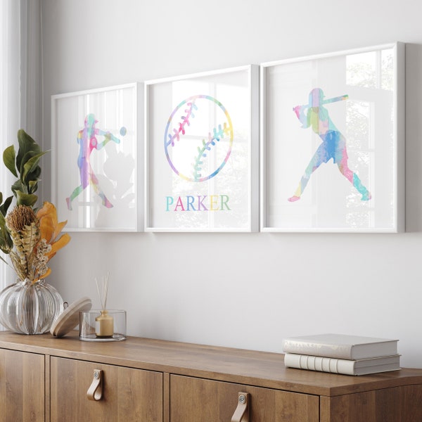 Colorful Softball Art for Girls Room Decor, Softball Wall Art, Softball Gifts for Girls, Softball Decor, Set of 3 Softball PRINTS OR CANVAS