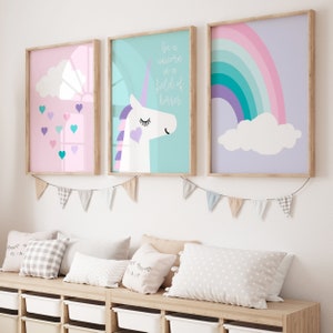 Unicorn Room Decor - Unicorn and Rainbow Decor - Be A Unicorn in A Field of Horses Print - Set of 3 Unicorn Art Prints - CANVAS OR PRINTS