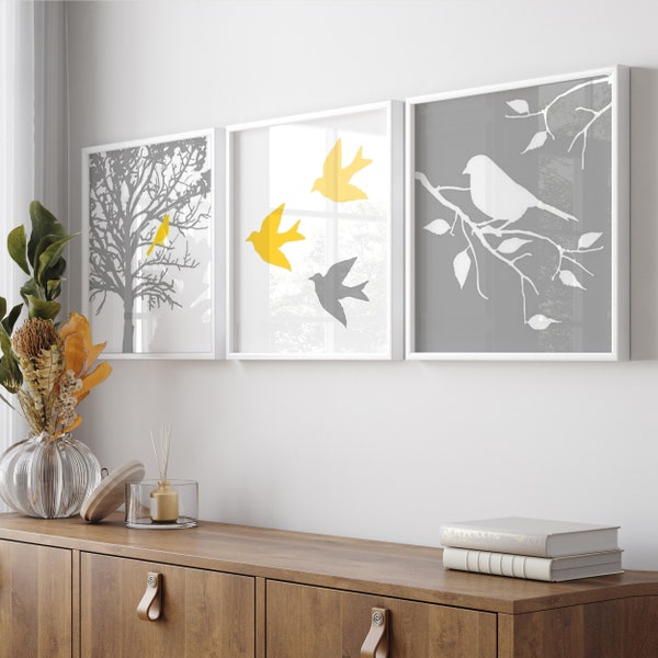 Nursery Art Prints Nursery Decor - Modern Bird Trio - Set of Three Prints or Canvas - CHOOSE YOUR COLORS - Shown in Gray, Yellow and More