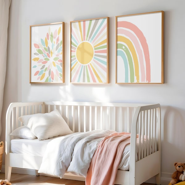 Girls Boho Room Decor, Boho Rainbow Art, Boho Wall Art for Girl Room Decor, Boho Nursery Art, Set of 3 Boho Sunshine Art PRINTS OR CANVAS