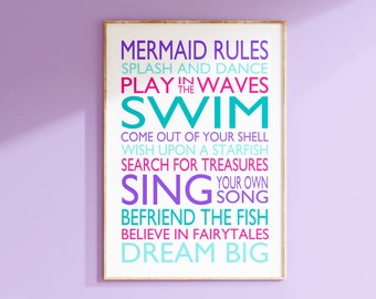 Mermaid Rules Quote Print or Canvas, Mermaid Bedroom Decor, Girl Bathroom Decor Beach House
