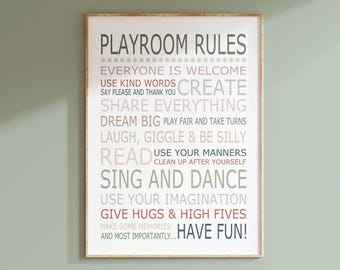 Earthy Playroom Rules Print or Canvas, Muted Play Room Wall Art for Kids, Earth Tone Playroom Rules Sign, Neutral Playroom Decor Boy or Girl