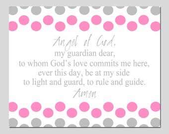 Angel of God Prayer - 8x10 Polka Dot Print - Mixed Font - Modern Nursery Art - CHOOSE YOUR COLORS - Shown in Pink and Gray