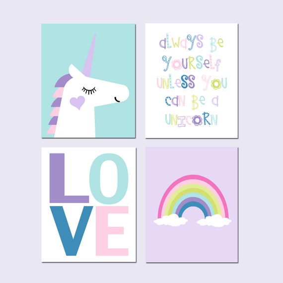 Unicorn Prints Unicorn Wall Art Unicorn Room Decor Unicorn Bedroom Decor Unicorn Rainbow Set Of 4 Unicorn Canvas Choose Your Colors
