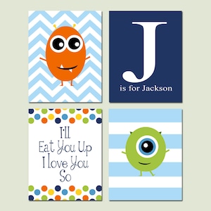 Monster Nursery Art Baby Boy Nursery Monster Decor, I&#39;ll Eat You Up I Love You So, Monster Quote, Set of 4 Monster Prints or Monster Canvas