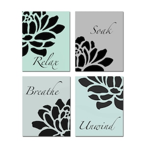 Bathroom Decor Adult Bathroom Art Relax Soak Unwind Bathroom Wall Art Aqua Bathroom Decor Floral Set of 4 Bathroom Prints or Canvas Art