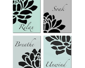 Bathroom Decor, Adult Bathroom Art Relax Soak Unwind, Bathroom Wall Art, Aqua Bathroom Decor Floral, Set of 4 Bathroom Prints or Canvas