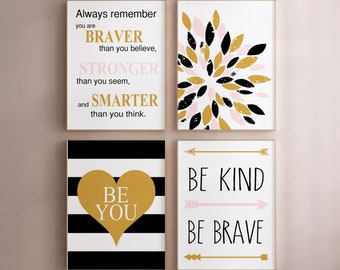 Young Girl Room Decor, Young Girl Bedroom Decor, Braver Than You Believe Quote for Girls Wall Decor, Heart Decor - Set of 4 PRINTS OR CANVAS