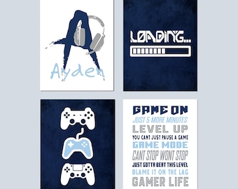 Video Game Wall Art, Gamer Decor, Tween Boy Room Decor Blue, Gamer Room Decor, Video Game Controllers Art, Set of 4 Gamer PRINTS OR CANVAS