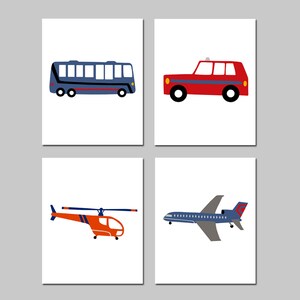 Transportation Nursery Decor Transportation Wall Art - Airplane Car Bus Helicopter - Set of 4 Transportation Prints or Transportation Canvas