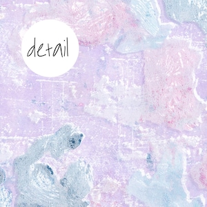 May include: Abstract art print with a purple, pink, and blue color scheme. The print features a variety of brushstrokes and textures.