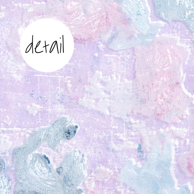May include: Abstract art print with a purple, pink, and blue color scheme. The print features a variety of brushstrokes and textures.