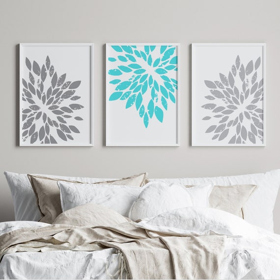 Teen Girl Room Decor Set of 3 Canvas or Prints Turquoise and Grey Room  Decor for Teen Girl Abstract Floral Art Teal Gray Wall Art 