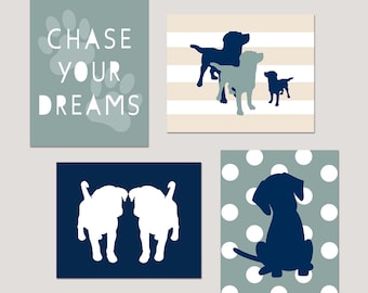 Dog Nursery Art Prints, Puppy Nursery Decor, Chase Your Dreams Quote for Nursery, Dog Wall Art, Puppy Decor, Set of 4 Dog PRINTS OR CANVAS