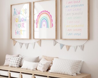Positive Affirmations for Girls Room Decor, Rainbow Wall Art, Quotes for Girls Bedroom Decor Colorful, Set of 3 Rainbow PRINTS OR CANVAS