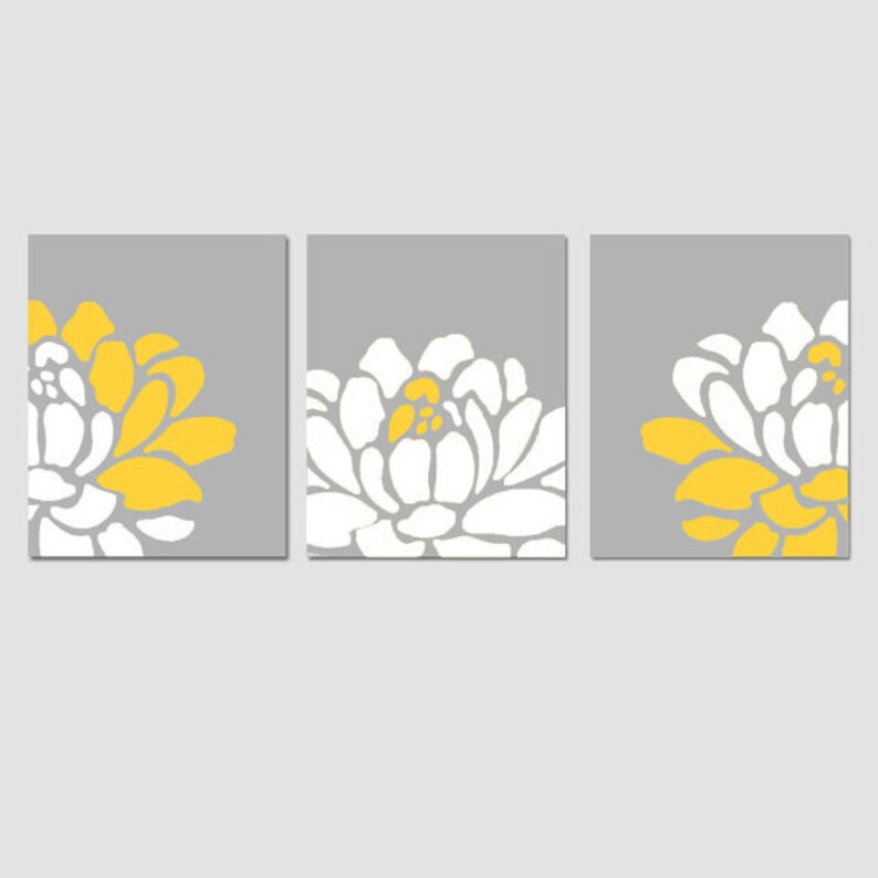 Yellow Gray Flower Wall Art Floral Prints Set of 3 Flower Etsy