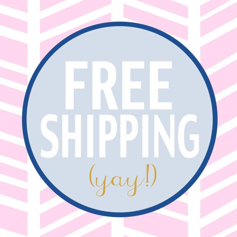 May include: A blue circle with a white background and the text "FREE SHIPPING (yay!)" in white and gold lettering on a pink and white chevron pattern background.