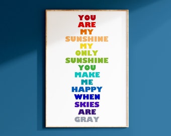 You Are My Sunshine Wall Art, Rainbow Nursery Art, Colorful Playroom Print, Rainbow Colored Art, You Are My Sunshine PRINT OR CANVAS