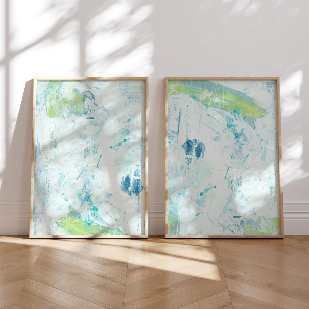 Blue and Green Abstract Art Set of 2 Prints or Canvas, Beach House ...