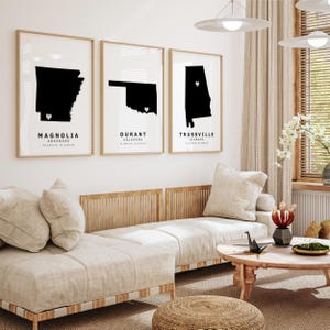 3 impressions d'état, impression d'état avec coeur sur la ville, décoration de dortoir de filles pour colocataires, cartes d'état en noir et blanc, lot de 3 impressions ou toiles