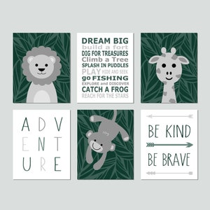Jungle Animal Nursery Prints, Safari Animal Art for Nursery, Lion Giraffe Monkey, Adventure Quote, Set of 6 Jungle Animal PRINTS OR CANVAS