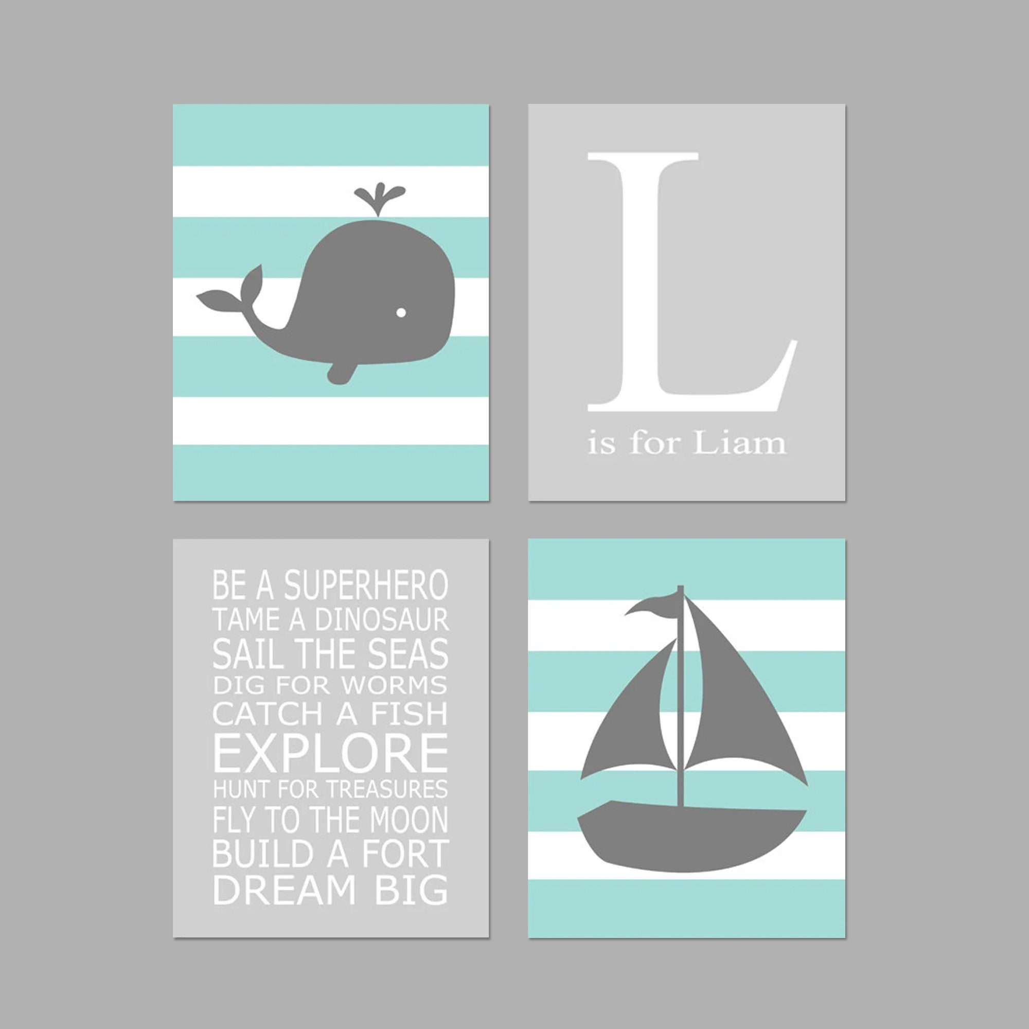 Whale Nursery Art Whale Nursery Decor Nautical Nursery Art for Baby Boy Nursery Art, Set of 4 Prints or Canvas Art, Whale Sailboat Anchor