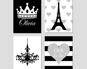 Paris Bedroom Decor, Tween Girl Room Decor Black and White, Set of 4 Prints or Canvas