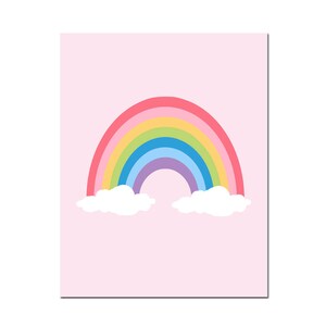 May include: A colourful rainbow with pink, yellow, green, blue, and purple stripes on a pink background. White clouds are on either side of the rainbow.