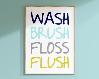Wash Brush Floss Flush Print for Kids Bathroom Wall Art, Boys Bathroom Decor, Funny Bathroom Art PRINT OR CANVAS