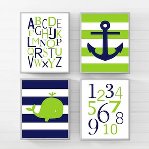 Whale Nursery Decor, Whale Nursery Art, Nautical Nursery Decor, Navy and Lime Nursery Art Boy, Set of 4 Nautical Nursery PRINTS OR CANVAS