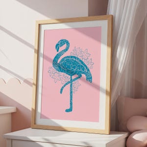 Flamingo Print, Pink and Blue Flamingo Wall Art, Tropical Wall Art for Dorm Decor Girl, Cute Flamingo Nursery Art PRINT OR CANVAS