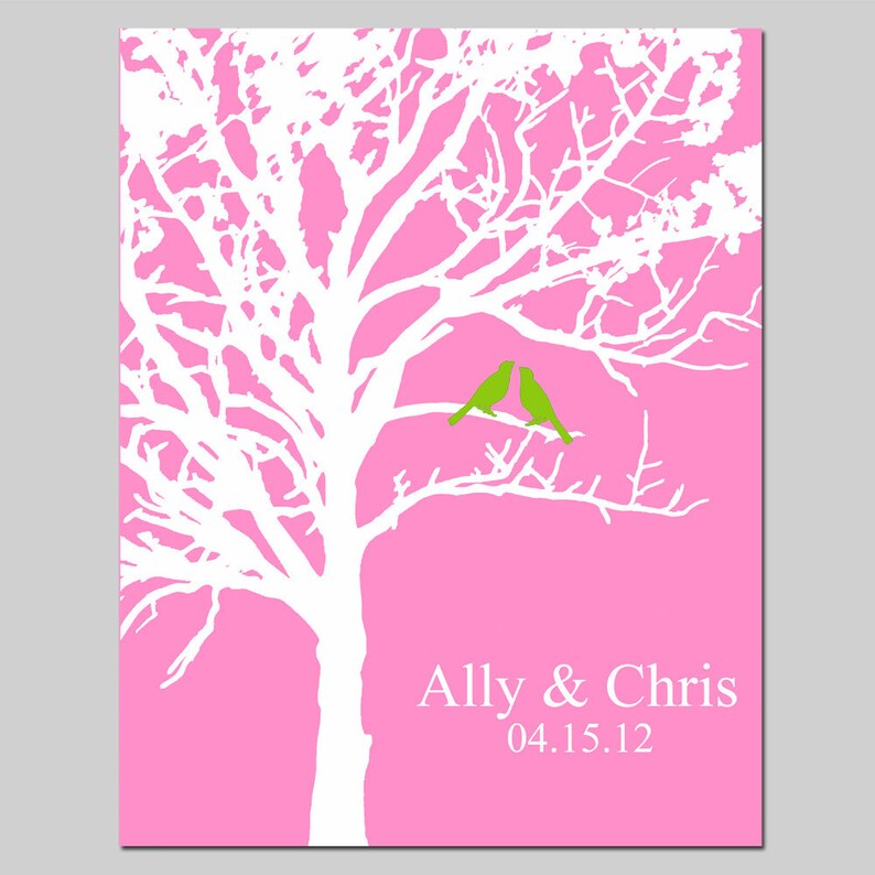 Lovebird Wedding Tree 8x10 Customizable Print Choose Your Colors Shown in Gray, Yellow, Blue, Pink GREAT WEDDING GIFT As displayed #4
