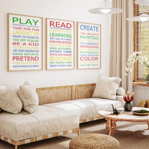 Arte de parede para sala de jogos, conjunto grande de 3 impressões coloridas para sala de jogos, arte para canto de leitura infantil, placas coloridas para sala de jogos, ideias para sala de jogos para crianças pequenas