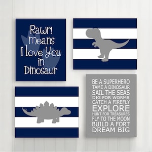 Dinosaur Nursery Wall Decor, Dinosaur Nursery Decor, Navy Dinosaur Nursery Art, Rawr Means I Love You in Dinosaur Set of 4 CANVAS OR PRINTS