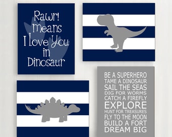 Dinosaur Nursery Wall Decor, Dinosaur Nursery Decor, Navy Dinosaur Nursery Art, Rawr Means I Love You in Dinosaur Set of 4 CANVAS OR PRINTS