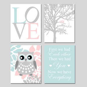 Baby Girl Nursery Art Quad Love, Birds in a Tree, Floral Owl, First We Had Each Other Quote Set of Four Owl Nursery Prints or Canvas Art gray tree/blue quote
