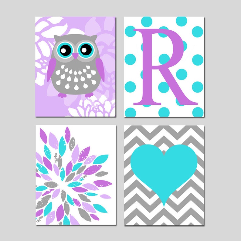 Owl Room Decor Girl Owl Nursery Art Girl Owl Nursery Decor Owl Set Of 4 Prints Toddler Girl Decor Purple And Teal Choose Your Colors