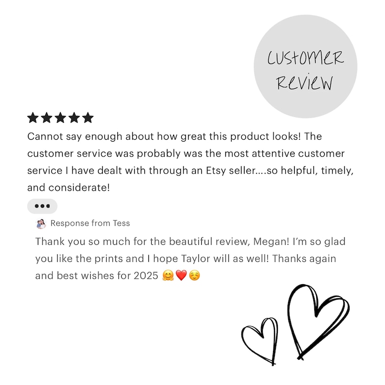 May include: Five-star review of a product with a positive comment about the customer service. The reviewer says the customer service was helpful, timely, and considerate. The seller responds with a thank you and best wishes for the new year.