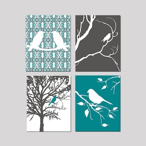 Bird Wall Art, Bird Bedroom Art Teal Bird Decor, Set of 4 Nature Inspired Prints or Nature Canvas Art Birds, Gunmetal Gray Teal Wall Art