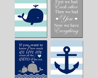 Ocean Nursery Decor, Whale Nursery Art Nautical, Baby Boy Room Ideas, Set of 4 PRINTS OR CANVAS