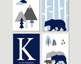 Bear Nursery Art Bear Nursery Decor Bear Nursery CANVAS OR PRINTS, Set of 4 Bear Prints, Bear and Mountains Nursery Decor, Navy Blue Nursery