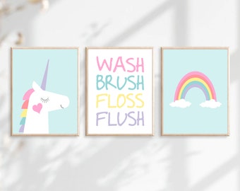 Unicorn Bathroom Art Unicorn Bathroom Decor Unicorn Bathroom Prints, Unicorn Rainbow Bathroom Decor, Girl Bathroom Set of 3 CANVAS OR PRINTS