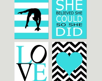 Gymnastics Wall Art, Tween Girl Room Decor, Gymnast Art, Girls Bedroom Decor, Set of 4 PRINTS OR CANVAS