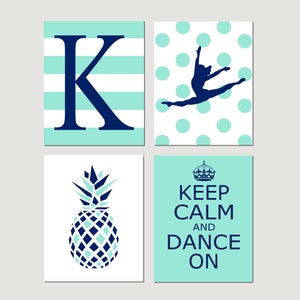 May include: Four printable wall art prints in a teal and navy blue color scheme. The prints feature a letter K, a pineapple, a silhouette of a dancer, and the text "Keep Calm and Dance On".