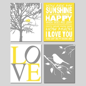 Yellow and Gray Nursery Art - Set of Four 8x10 Prints - You Are My Sunshine, LOVE, Birds in a Tree, Dandelions, Bird on a Branch