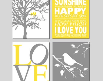 Yellow and Gray Nursery Art - Set of Four 8x10 Prints - You Are My Sunshine, LOVE, Birds in a Tree, Dandelions, Bird on a Branch