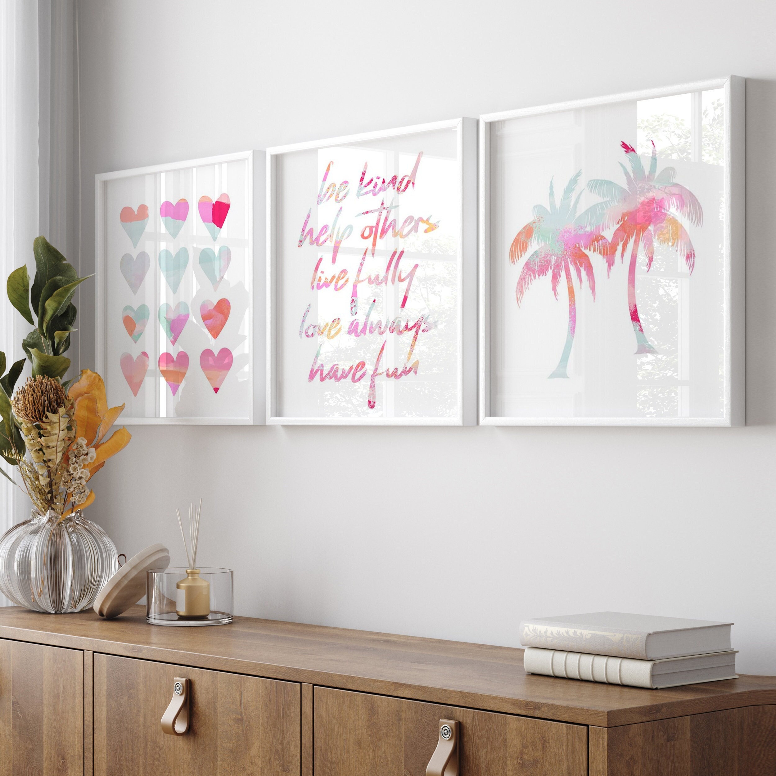 Teenage Girl Bedroom Decor, Quotes for Girls, Modern Heart Art, Tween Girl Gifts, Beach Dorm Decor, Set of 3 Palm Tree Art PRINTS OR CANVAS