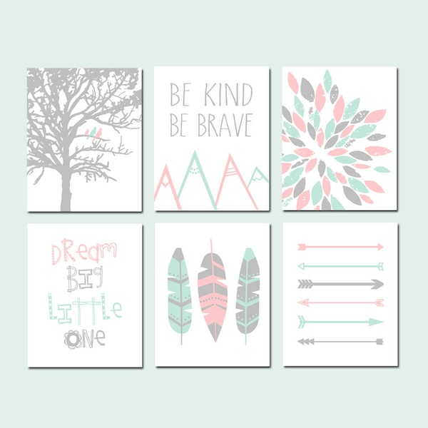 Boho Nursery Decor Girl Boho Nursery Art, Dream Big Little One, Be Kind Be Brave Quote, Mountains Feathers Arrows, Set of 6 PRINTS OR CANVAS