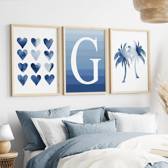 Teenage Girl Room Decor, Teen Girl Bedroom Decor, Tween Girl Wall Art Blue,  Palm Tree Print, Watercolor Heart Art, Set of 3 PRINTS OR CANVAS 
